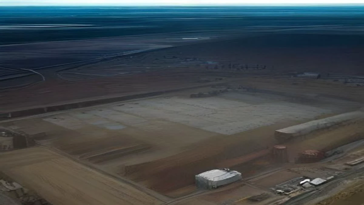 Aerial view of containerised mining buildings on an industrial site under overcast daylight